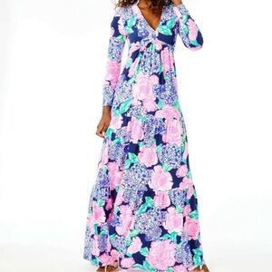 Lilly Pulitzer Martinique High Tide Maxi Dress Hey Hey Bouquet Navy Medium